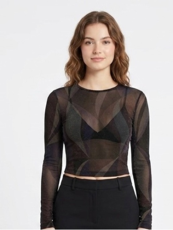 Vintage Havana Tops - Y2K Black Sheer Long Sleeve Top 90s Whimsigoth Grunge Metallic Vamp Fairy